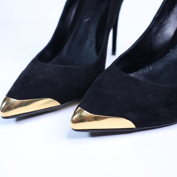 ALEXANDER MCQUEEN Gold Capped Suede Pumps Black Pointed Toe Women's 35.5/US 5.5 - Picture 4 of 10